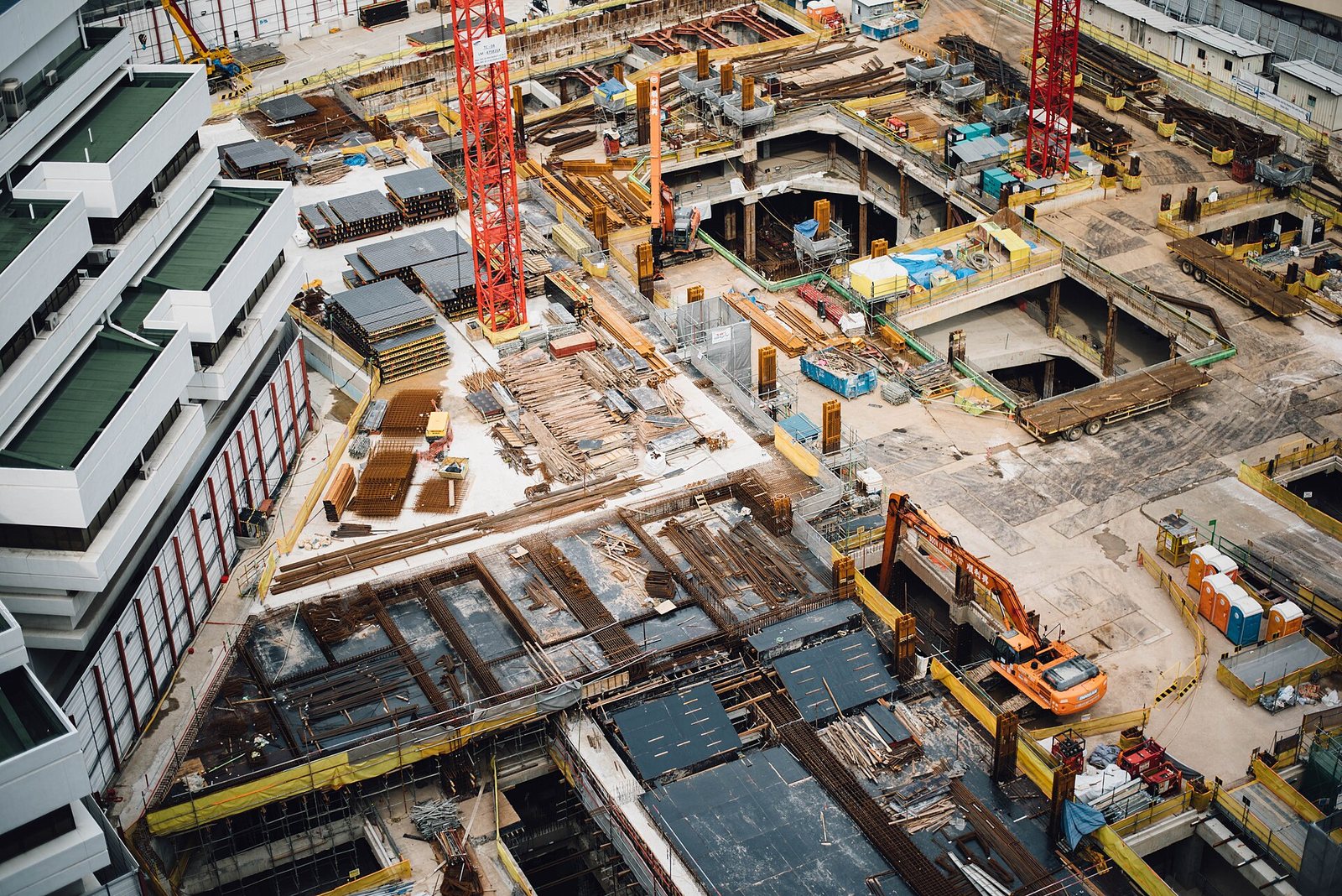 Active civil engineering and construction site viewed from above